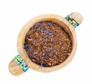 Blueberry Rooibos Tea Loose Leaf presented in a wooden bowl