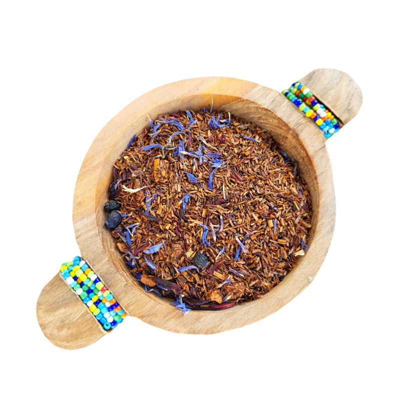 Blueberry Rooibos Tea Loose Leaf presented in a wooden bowl