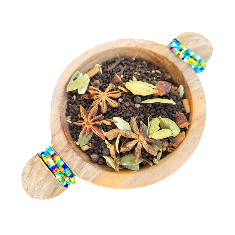 Masala Chai Loose Leaf presented in a wooden bowl